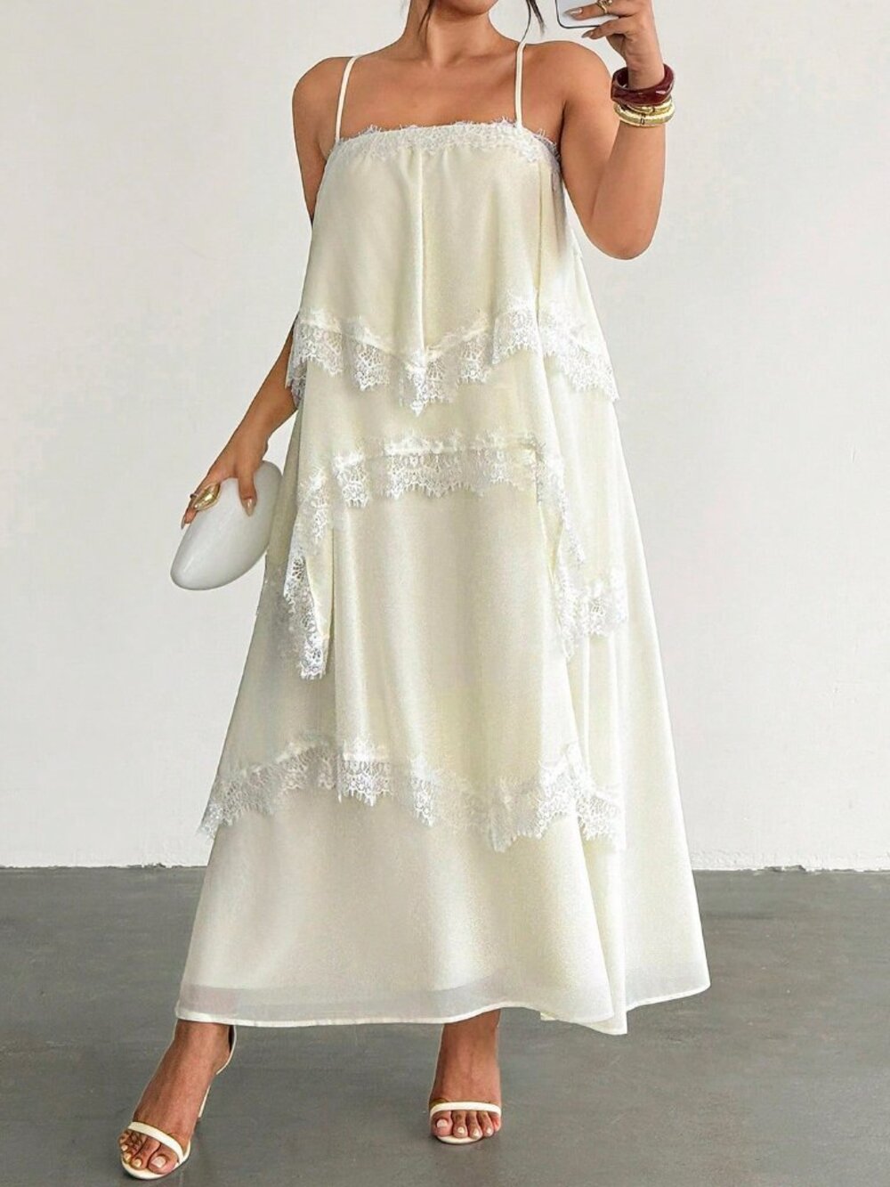 Apricot Elegant Women's Ruched Contrast Lace Spaghetti Strap Tiered Dress - Picture 5 of 8